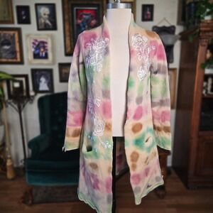 Cake Couture Cardigan 100% Cashmere Tie Dye Floral Embroidered Long Sweater M